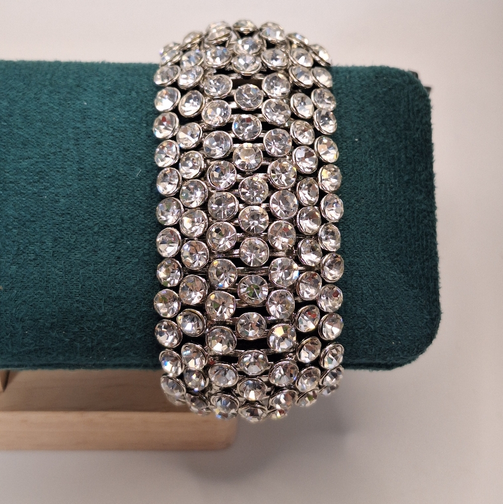 Ashley Stewart Wide Crystal Stretch Bracelet – Silver Tone – NWT